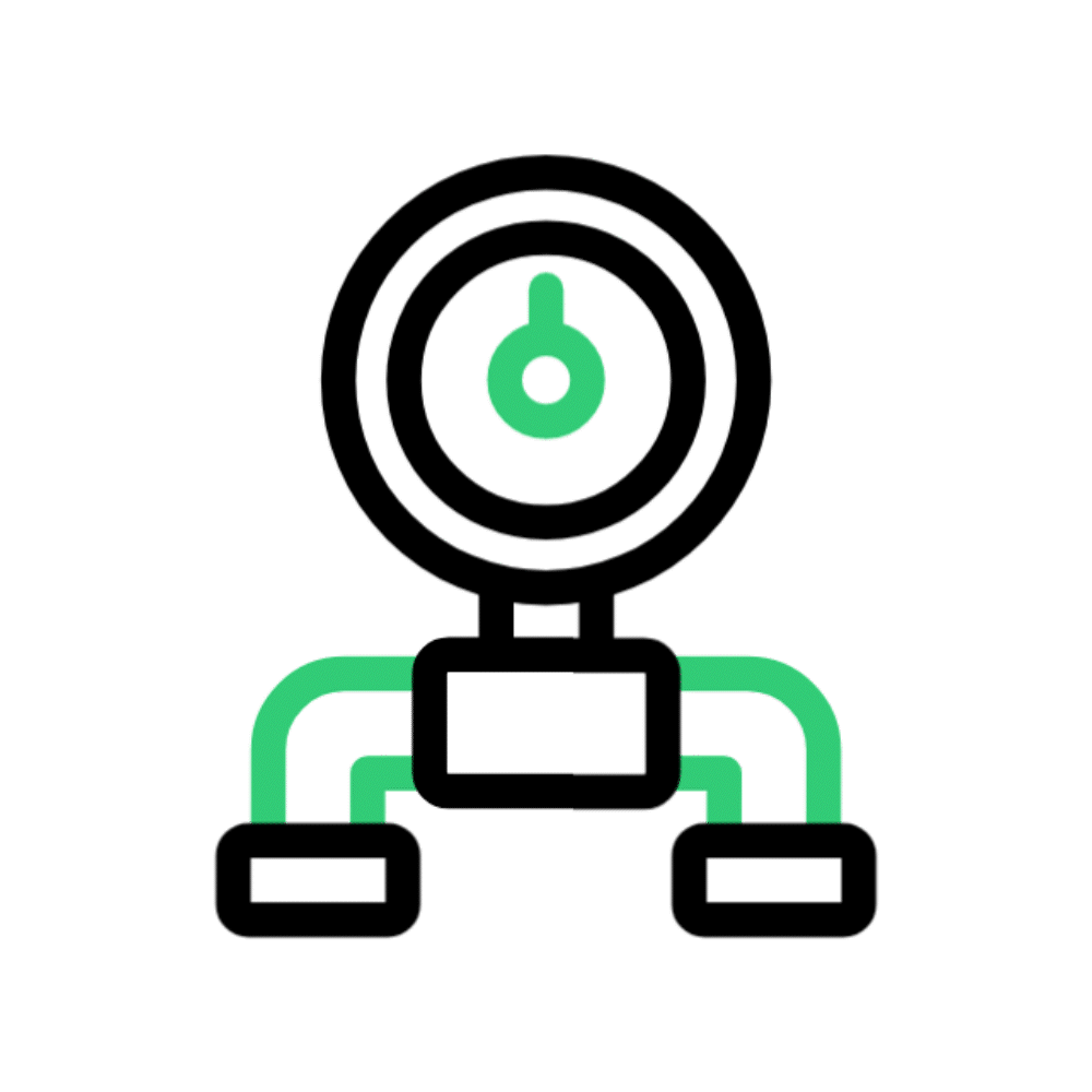 Ícono animado de instrumentación industrial para medición de presión, flujo y temperatura.