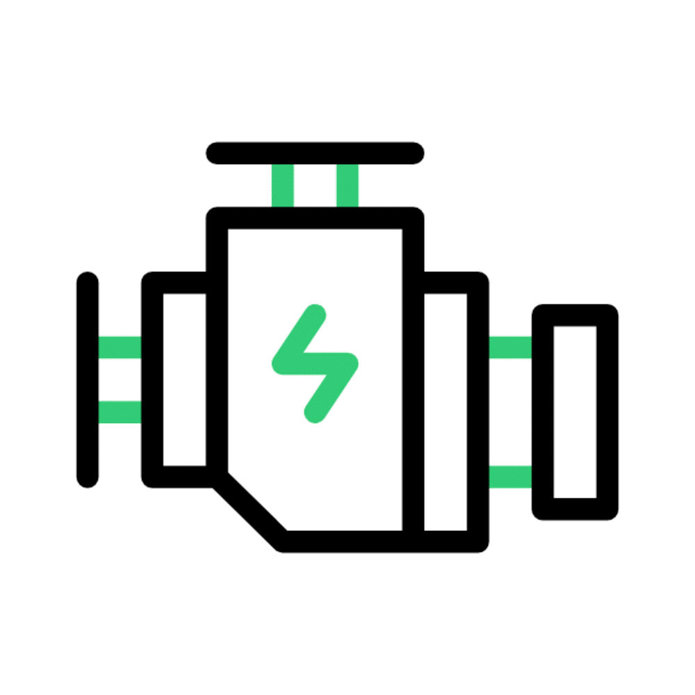 Ícono animado de motor eléctrico y controlador industrial para automatización de procesos.