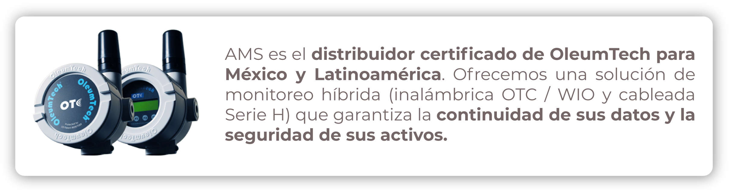 Banner de AMS Latam como distribuidor certificado de OleumTech para México y Latinoamérica, mostrando soluciones de monitoreo inalámbrico OTC/WIO y cableado Serie H.