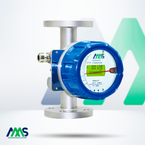 Medidor de flujo de área variable metálico con pantalla digital y cuerpo de acero inoxidable para aplicaciones industriales.